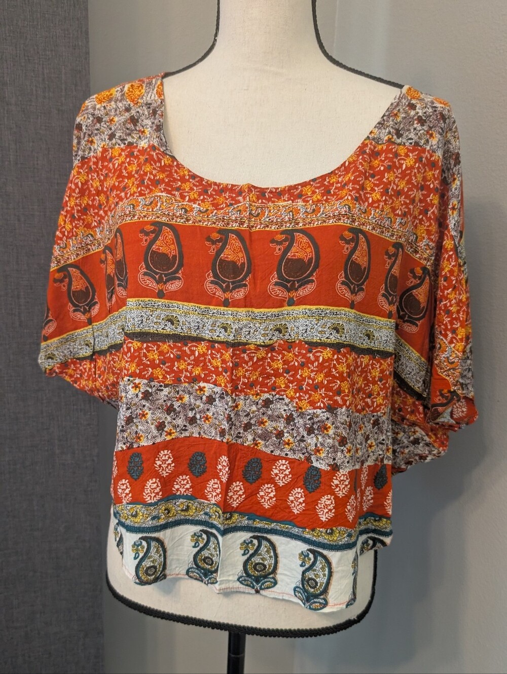 YA Los Angeles Boho Paisley Floral Patchwork Print Dolman Top Size Large L